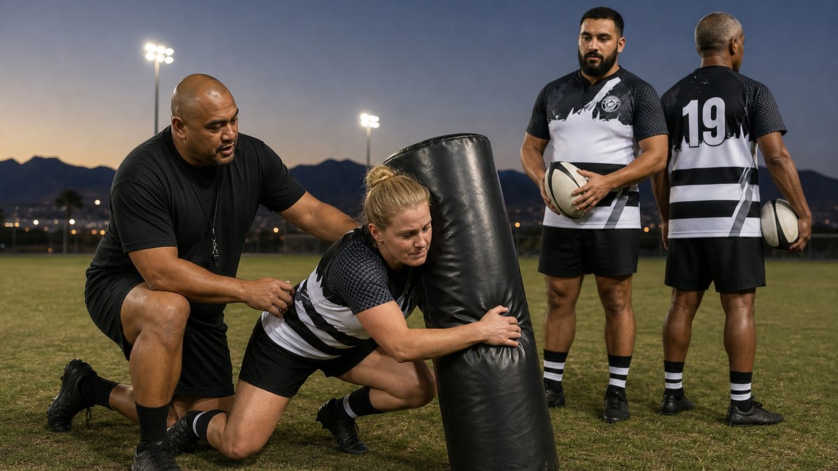 A coach guiding an adult beginner in the Downtown Rugby jersey through a slow, low practice tackle on a tackle bag at a floodlit evening session