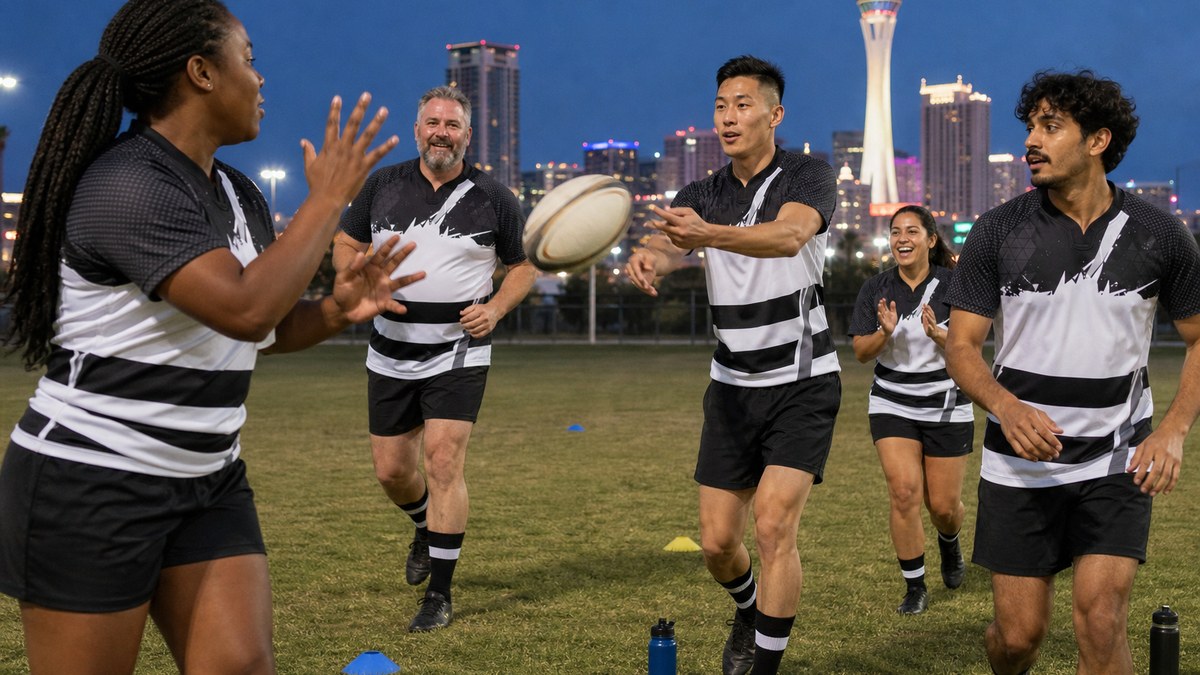 Adult beginners in the black and white hooped Downtown Rugby jersey passing an oval rugby ball at a floodlit park session with the Las Vegas skyline behind